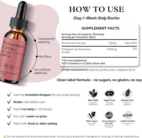 DLS Potassium Citrate Liquid & High Potassium Supplement 1000 mg Drops – Absorption Electrolyte & Kidney Support – Uric Acid Balance, Muscle & Nerve Function – Non-GMO, Vegan, Sugar Free 60 ml 2 fl oz in Saudi Arabia