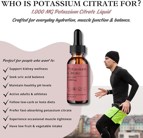 DLS Potassium Citrate Liquid & High Potassium Supplement 1000 mg Drops – Absorption Electrolyte & Kidney Support – Uric Acid Balance, Muscle & Nerve Function – Non-GMO, Vegan, Sugar Free 60 ml 2 fl oz in Saudi Arabia