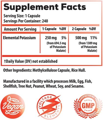 Potassium Malate 1389mg - ATP Production & Cellular Energy, Electrolyte Balance - Elemental Potassium 500mg (240 Capsules) Vegan in Saudi Arabia
