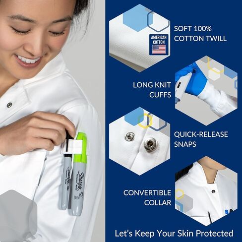 The Lab Coat Project - 100% Cotton Chemistry Women's 6-Pocket Long, Fitted with Snaps, Cuffed Sleeves, Howie Collar, & Belt in Saudi Arabia