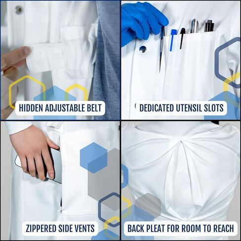 The Lab Coat Project - 100% Cotton Chemistry Women's 6-Pocket Long, Fitted with Snaps, Cuffed Sleeves, Howie Collar, & Belt in Saudi Arabia