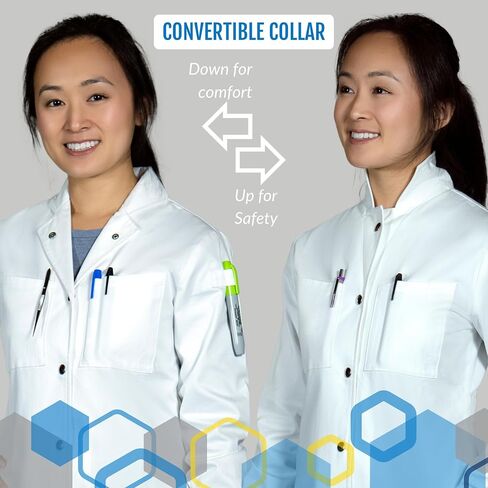 The Lab Coat Project - 100% Cotton Chemistry Women's 6-Pocket Long, Fitted with Snaps, Cuffed Sleeves, Howie Collar, & Belt in Saudi Arabia