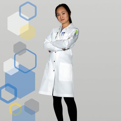 The Lab Coat Project - 100% Cotton Chemistry Women's 6-Pocket Long, Fitted with Snaps, Cuffed Sleeves, Howie Collar, & Belt in Saudi Arabia