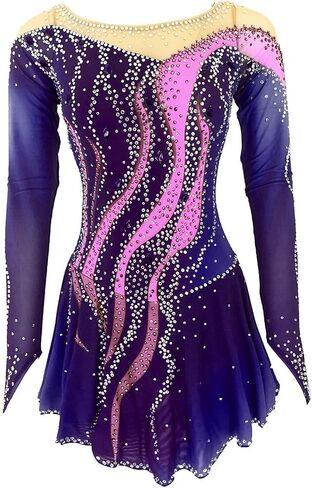 Figure Skating Dress Women, Girl Dresses Skating Long Sleeve Dance Competition Training Performance Clothing,Purple,10Years in Saudi Arabia