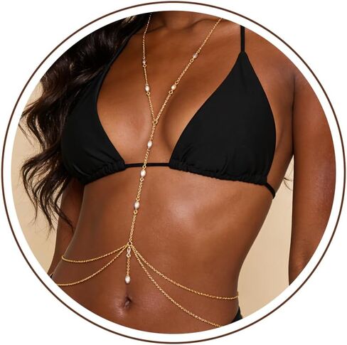 سلاسل الجسم مطلية بالذهب عيار 14 قيراط للنساء، سلسلة خصر مثيرة ذات طبقات للبطن، سلسلة بيكيني متقاطعة، سلسلة صيفية للشاطئ، حجر الراين، خرز كريستالي، سلسلة صدر، عطلة، حفلة موسيقية، نادي ليلي، مجوهرات الجسم in Kuwait
