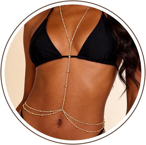 سلاسل الجسم مطلية بالذهب عيار 14 قيراط للنساء، سلسلة خصر مثيرة ذات طبقات للبطن، سلسلة بيكيني متقاطعة، سلسلة صيفية للشاطئ، حجر الراين، خرز كريستالي، سلسلة صدر، عطلة، حفلة موسيقية، نادي ليلي، مجوهرات الجسم in Kuwait