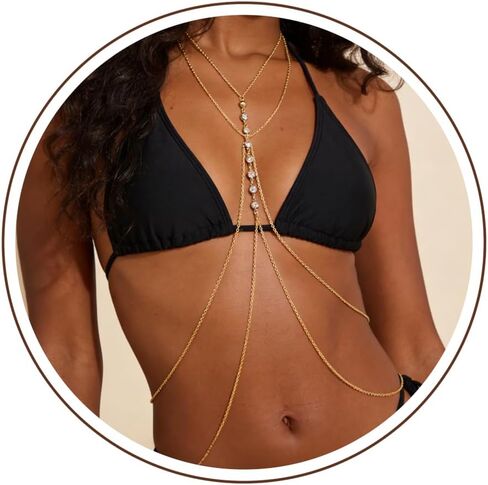 سلاسل الجسم مطلية بالذهب عيار 14 قيراط للنساء، سلسلة خصر مثيرة ذات طبقات للبطن، سلسلة بيكيني متقاطعة، سلسلة صيفية للشاطئ، حجر الراين، خرز كريستالي، سلسلة صدر، عطلة، حفلة موسيقية، نادي ليلي، مجوهرات الجسم in Kuwait