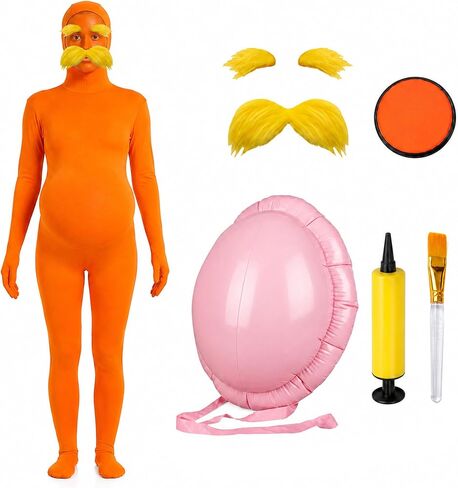 Orange Jumpsuit Halloween Costume with Inflatable Belly Yellow Mustache Eyebrows & Face Paint Cosplay Party Outfit in Saudi Arabia