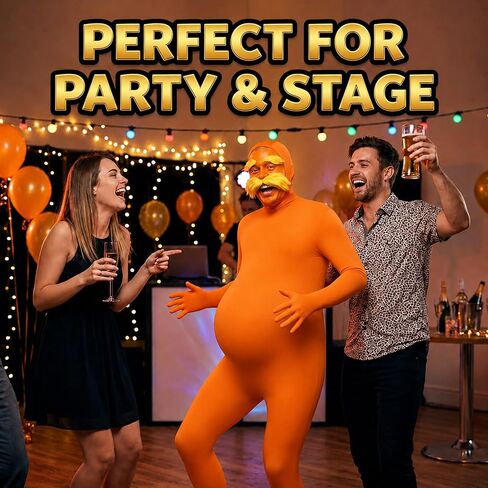 Orange Jumpsuit Halloween Costume with Inflatable Belly Yellow Mustache Eyebrows & Face Paint Cosplay Party Outfit in Saudi Arabia