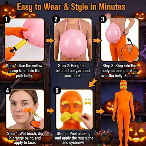 Orange Jumpsuit Halloween Costume with Inflatable Belly Yellow Mustache Eyebrows & Face Paint Cosplay Party Outfit in Saudi Arabia