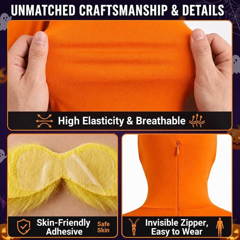 Orange Jumpsuit Halloween Costume with Inflatable Belly Yellow Mustache Eyebrows & Face Paint Cosplay Party Outfit in Saudi Arabia