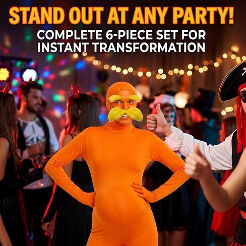 Orange Jumpsuit Halloween Costume with Inflatable Belly Yellow Mustache Eyebrows & Face Paint Cosplay Party Outfit in Saudi Arabia