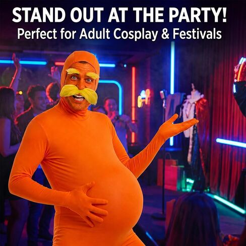 Orange Jumpsuit Halloween Costume with Inflatable Belly Yellow Mustache Eyebrows & Face Paint Cosplay Party Outfit in Saudi Arabia