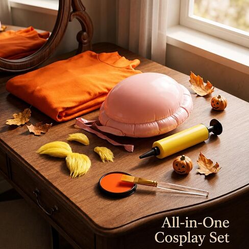 Orange Jumpsuit Halloween Costume with Inflatable Belly Yellow Mustache Eyebrows & Face Paint Cosplay Party Outfit in Saudi Arabia