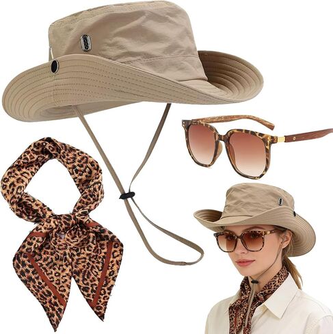 Safari Costume Women, 4 PCS Zoo Keeper Costume Adult Includes Safari Hat Outfit Accessories, Leopard Print Scarf, Light-Proof Glasses, Rave Party in Saudi Arabia