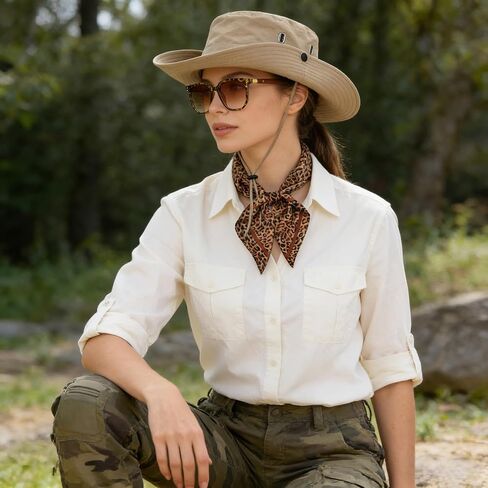 Safari Costume Women, 4 PCS Zoo Keeper Costume Adult Includes Safari Hat Outfit Accessories, Leopard Print Scarf, Light-Proof Glasses, Rave Party in Saudi Arabia