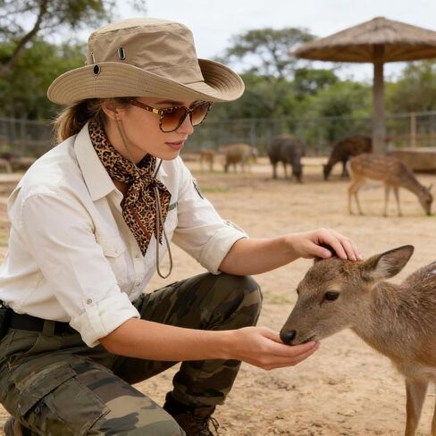 Safari Costume Women, 4 PCS Zoo Keeper Costume Adult Includes Safari Hat Outfit Accessories, Leopard Print Scarf, Light-Proof Glasses, Rave Party in Saudi Arabia