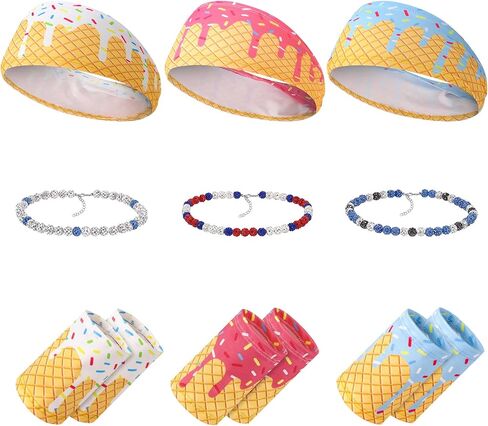 3 Set Ice Cream Baseball Headbands and Wristbands Sports Elastic Sweatbands with Beaded Necklace for Women Men Athletes Football Basketball Running Gym Party Favors in Kuwait