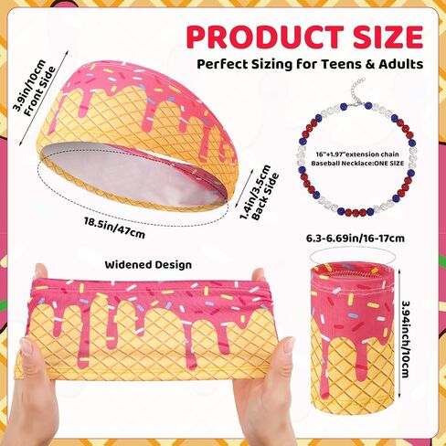 3 Set Ice Cream Baseball Headbands and Wristbands Sports Elastic Sweatbands with Beaded Necklace for Women Men Athletes Football Basketball Running Gym Party Favors in Kuwait