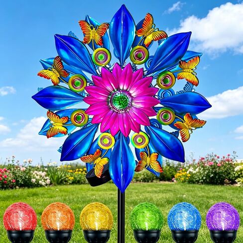 Solar Wind Spinner Outdoor, 63 Inch Metal Wind Spinner Yard Art with Lights - Twin Flower Design Pinwheels for Yard and Garden Decor, Solar Garden Decor in Kuwait