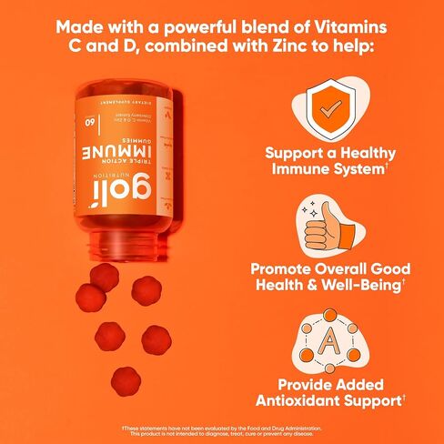 Goli Immun Vitamin Gummy - 60 قطعة - نبات البلسان، فيتامين C، D والزنك، نباتي، غير معدّل وراثيًا، خالي من الغلوتين والجيلاتين، عبوة من 1 in Kuwait