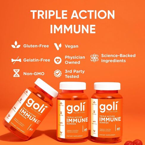 Goli Immun Vitamin Gummy - 60 قطعة - نبات البلسان، فيتامين C، D والزنك، نباتي، غير معدّل وراثيًا، خالي من الغلوتين والجيلاتين، عبوة من 1 in Kuwait