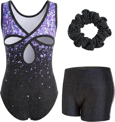 JiAmy Gymnastics Leotards for Girls Hollow Back Sleeveless Sparkly Dance Unitards with Shorts Tumbling Outfits in Kuwait