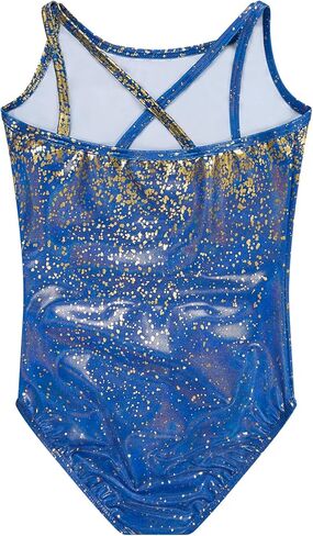 Destira Light The Night Strappy Gymnastics Leotard for Girls – Blue Gold Hologram Foil Shimmer Dance Leo, Matching Scrunchie in Saudi Arabia