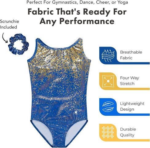 Destira Light The Night Strappy Gymnastics Leotard for Girls – Blue Gold Hologram Foil Shimmer Dance Leo, Matching Scrunchie in Saudi Arabia