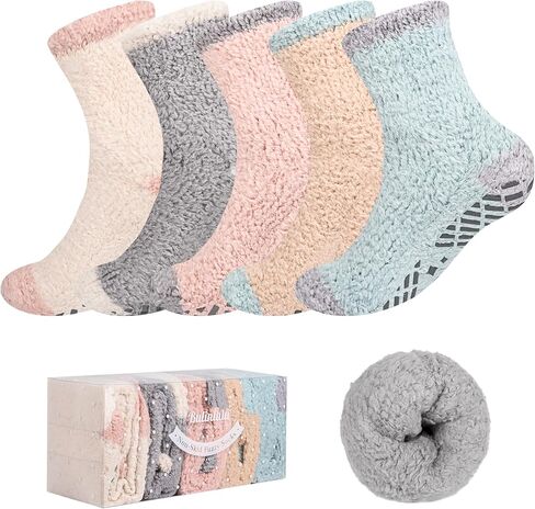 Bulinlulu Fuzzy Socks With Grips for Women, 5 Pairs Non Slip Sleep Warm Fluffy Slipper Socks Gifts for Women in Saudi Arabia