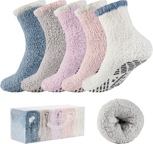 Bulinlulu Fuzzy Socks With Grips for Women, 5 Pairs Non Slip Sleep Warm Fluffy Slipper Socks Gifts for Women in Saudi Arabia