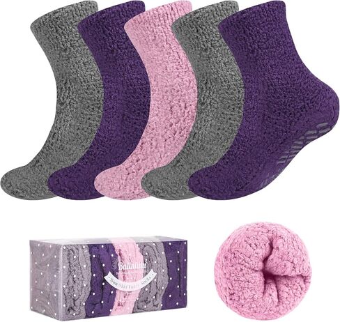 Bulinlulu Fuzzy Socks With Grips for Women, 5 Pairs Non Slip Sleep Warm Fluffy Slipper Socks Gifts for Women in Saudi Arabia