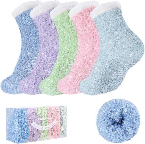 Bulinlulu Fuzzy Socks With Grips for Women, 5 Pairs Non Slip Sleep Warm Fluffy Slipper Socks Gifts for Women in Saudi Arabia