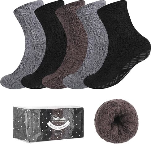 Bulinlulu Fuzzy Socks With Grips for Women, 5 Pairs Non Slip Sleep Warm Fluffy Slipper Socks Gifts for Women in Saudi Arabia