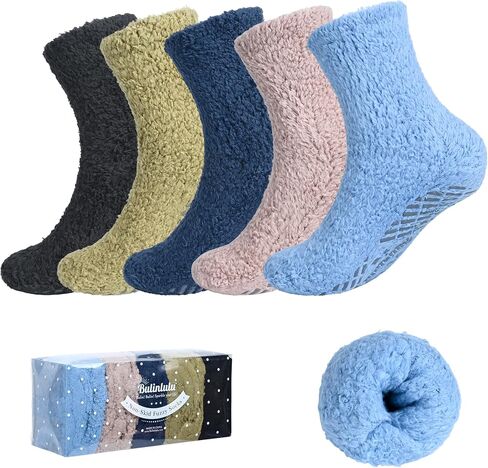 Bulinlulu Fuzzy Socks With Grips for Women, 5 Pairs Non Slip Sleep Warm Fluffy Slipper Socks Gifts for Women in Saudi Arabia