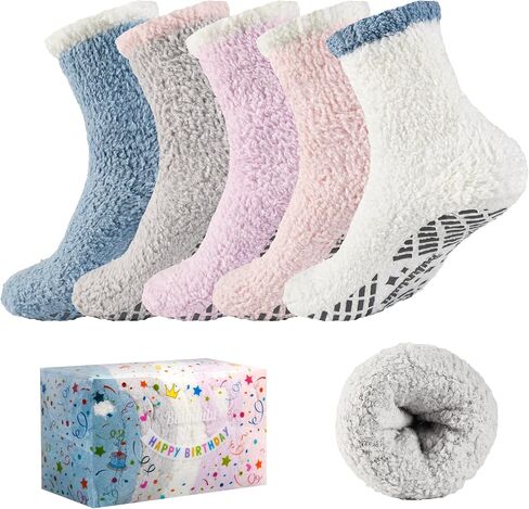 Bulinlulu Fuzzy Socks With Grips for Women, 5 Pairs Non Slip Sleep Warm Fluffy Slipper Socks Gifts for Women in Saudi Arabia