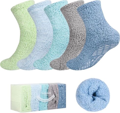 Bulinlulu Fuzzy Socks With Grips for Women, 5 Pairs Non Slip Sleep Warm Fluffy Slipper Socks Gifts for Women in Saudi Arabia