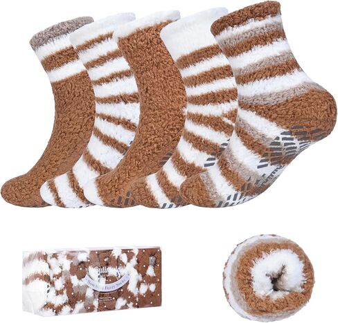 Bulinlulu Fuzzy Socks With Grips for Women, 5 Pairs Non Slip Sleep Warm Fluffy Slipper Socks Gifts for Women in Saudi Arabia
