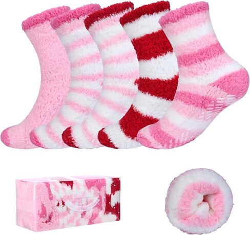 Bulinlulu Fuzzy Socks With Grips for Women, 5 Pairs Non Slip Sleep Warm Fluffy Slipper Socks Gifts for Women in Saudi Arabia