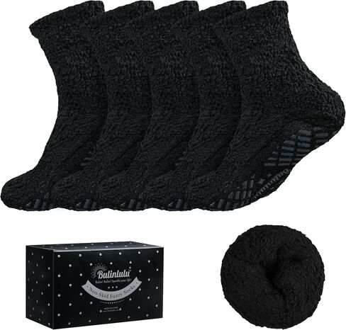 Bulinlulu Fuzzy Socks With Grips for Women, 5 Pairs Non Slip Sleep Warm Fluffy Slipper Socks Gifts for Women in Saudi Arabia