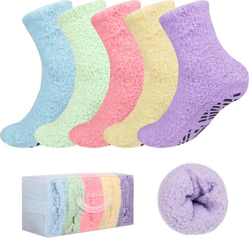 Bulinlulu Fuzzy Socks With Grips for Women, 5 Pairs Non Slip Sleep Warm Fluffy Slipper Socks Gifts for Women in Saudi Arabia