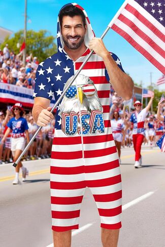Mens 4th of July Romper American Flag Print Zipper Jumpsuits in Kuwait