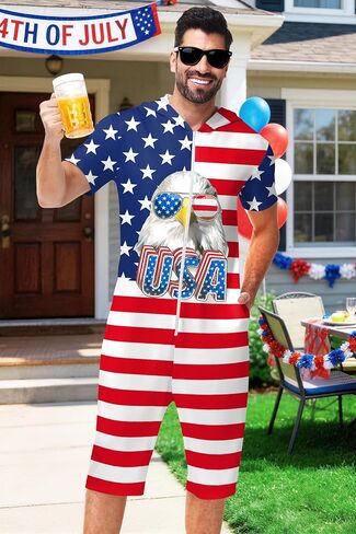 Mens 4th of July Romper American Flag Print Zipper Jumpsuits in Kuwait