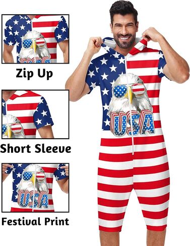 Mens 4th of July Romper American Flag Print Zipper Jumpsuits in Kuwait