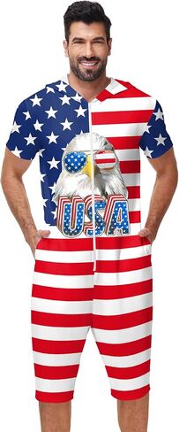 Mens 4th of July Romper American Flag Print Zipper Jumpsuits in Kuwait