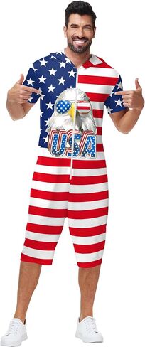 Mens 4th of July Romper American Flag Print Zipper Jumpsuits in Kuwait