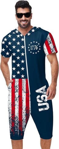 Mens 4th of July Romper American Flag Print Zipper Jumpsuits in Kuwait