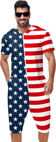 Mens 4th of July Romper American Flag Print Zipper Jumpsuits in Kuwait