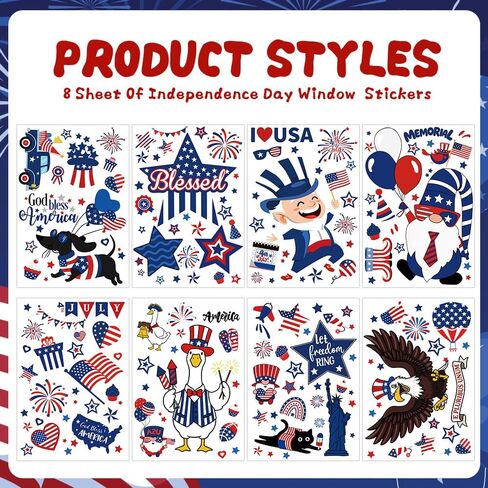 Celltestria 8 Sheets 4th of July Window Clings Patriotic Memorial Day Window Decals 250th Anniversary American Flag Stickers for Independence Day Home Office School Party Gifts Decor Glass Decoration in Kuwait