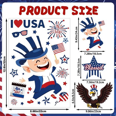 Celltestria 8 Sheets 4th of July Window Clings Patriotic Memorial Day Window Decals 250th Anniversary American Flag Stickers for Independence Day Home Office School Party Gifts Decor Glass Decoration in Kuwait